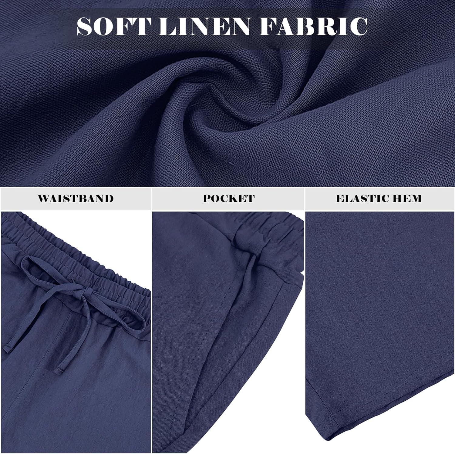 imageMens Linen Shorts Casual Drawstring Elastic Waist Lightweight Breathable Summer Beach Shorts for MenNavy Blue