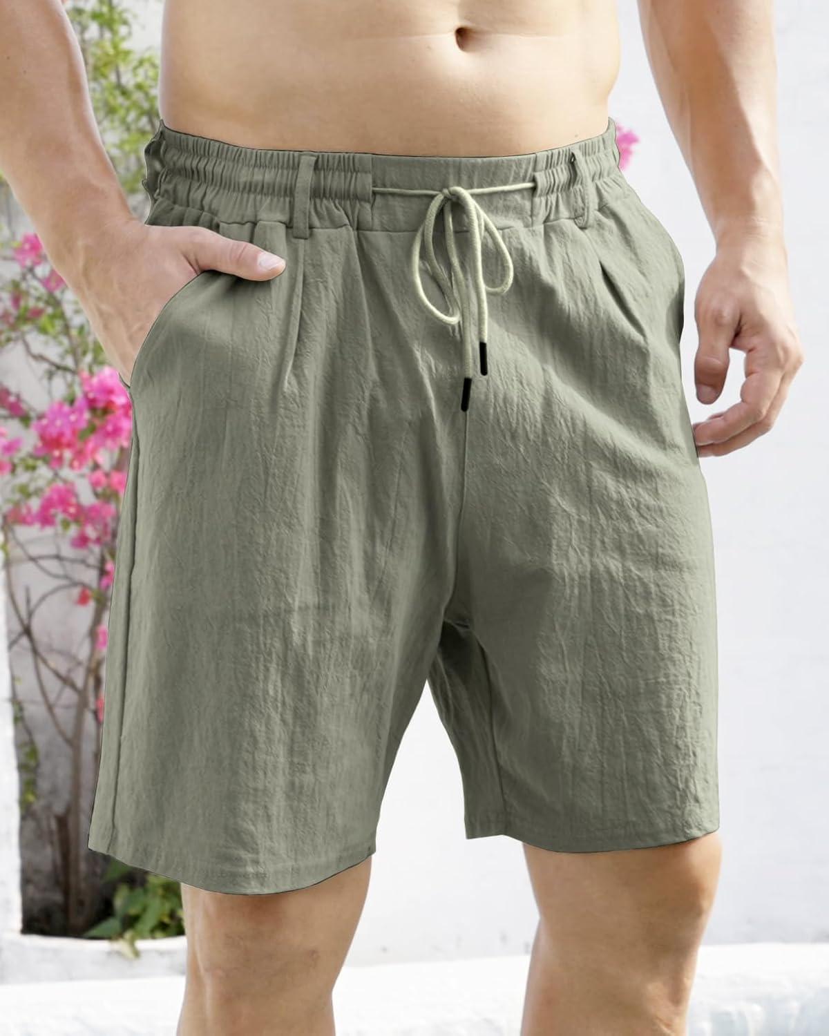 imageMens Linen Shorts Casual Elastic Waist Drawstring Lightweight Vacation Summer Beach Shorts with PocketsArmy Green
