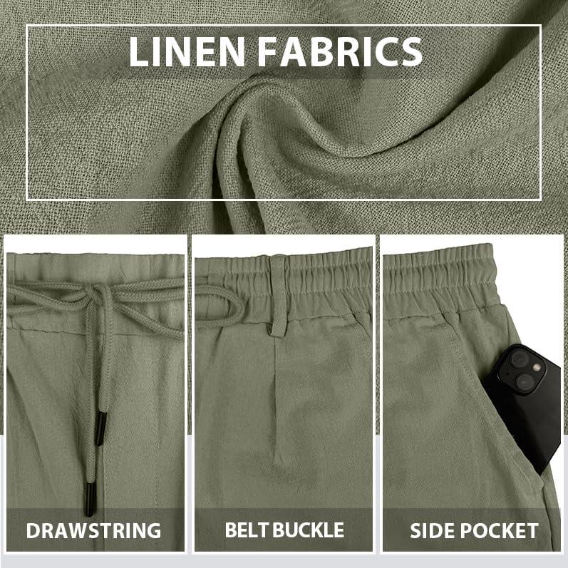 imageMens Linen Shorts Casual Elastic Waist Drawstring Lightweight Vacation Summer Beach Shorts with PocketsArmy Green