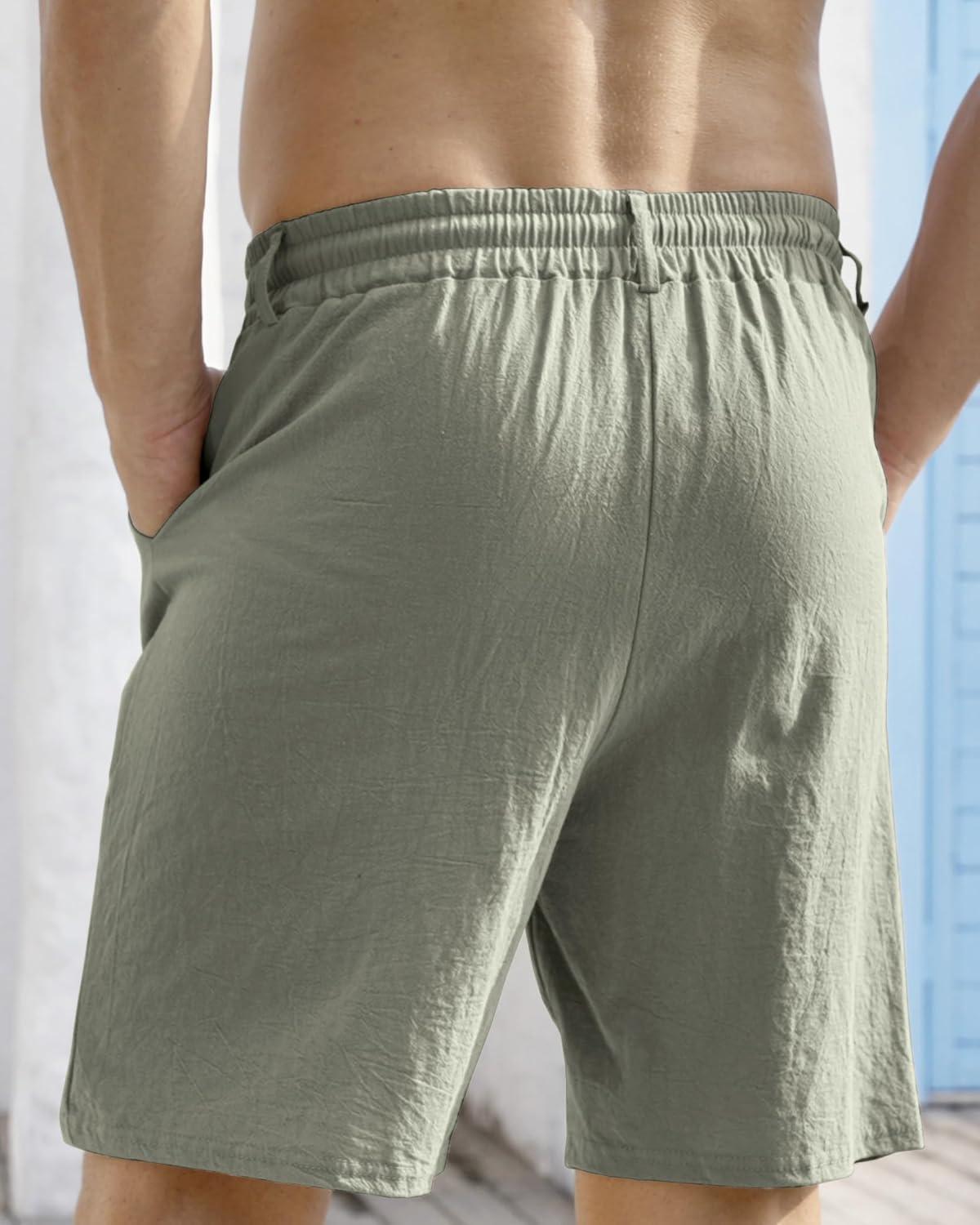 imageMens Linen Shorts Casual Elastic Waist Drawstring Lightweight Vacation Summer Beach Shorts with PocketsArmy Green
