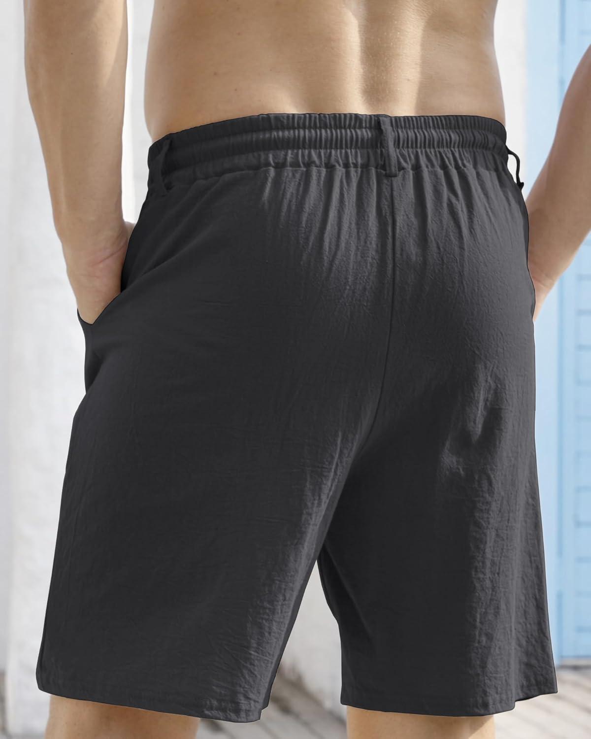 imageMens Linen Shorts Casual Elastic Waist Drawstring Lightweight Vacation Summer Beach Shorts with PocketsBlack