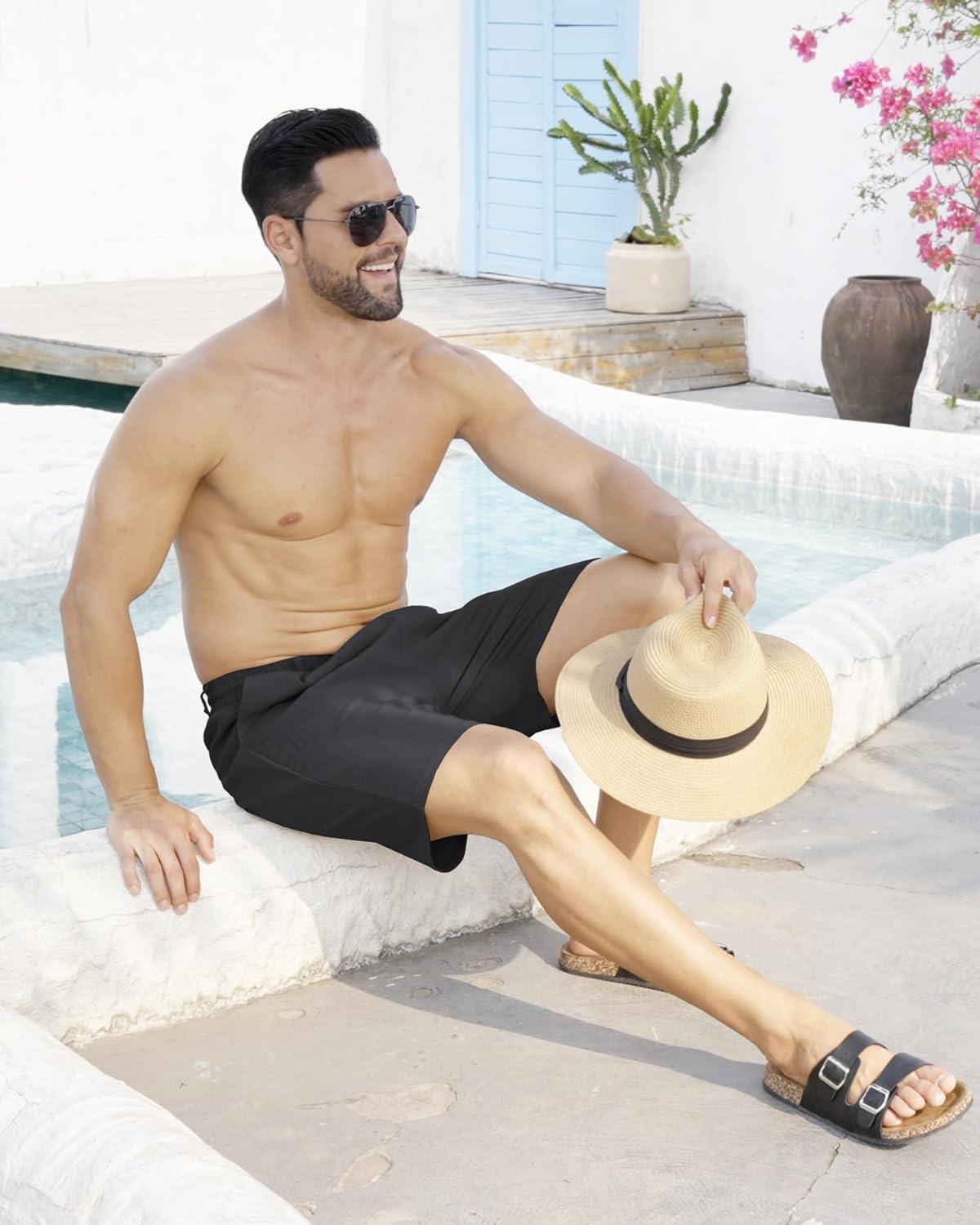 imageMens Linen Shorts Casual Elastic Waist Drawstring Lightweight Vacation Summer Beach Shorts with PocketsBlack