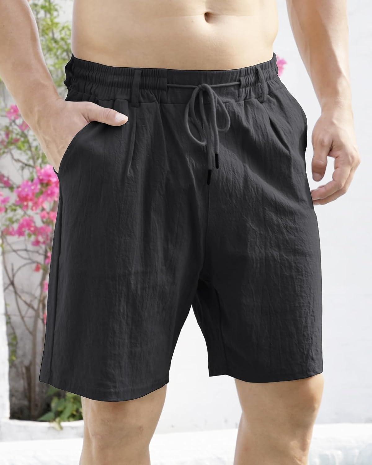 imageMens Linen Shorts Casual Elastic Waist Drawstring Lightweight Vacation Summer Beach Shorts with PocketsBlack