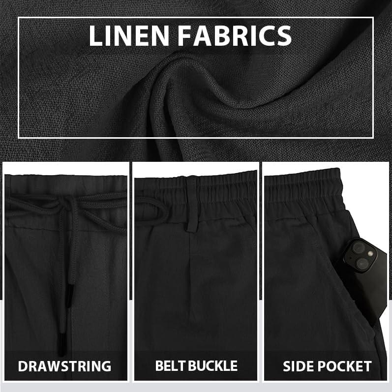 imageMens Linen Shorts Casual Elastic Waist Drawstring Lightweight Vacation Summer Beach Shorts with PocketsBlack