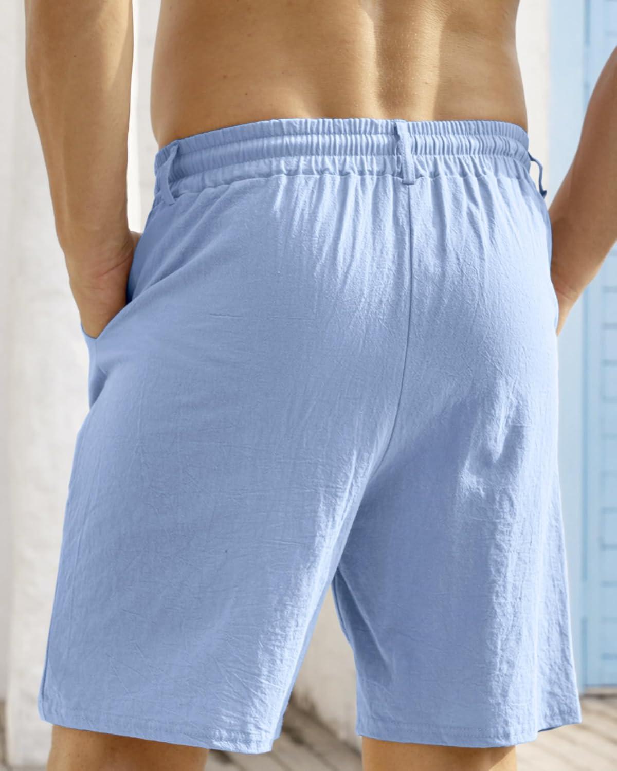 imageMens Linen Shorts Casual Elastic Waist Drawstring Lightweight Vacation Summer Beach Shorts with PocketsBlue