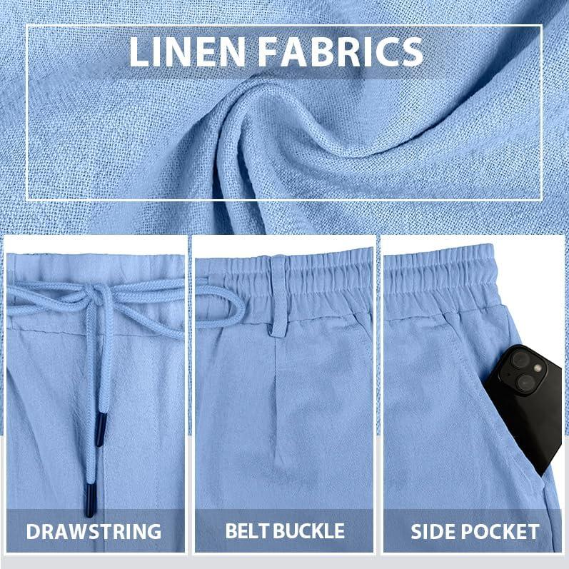 imageMens Linen Shorts Casual Elastic Waist Drawstring Lightweight Vacation Summer Beach Shorts with PocketsBlue