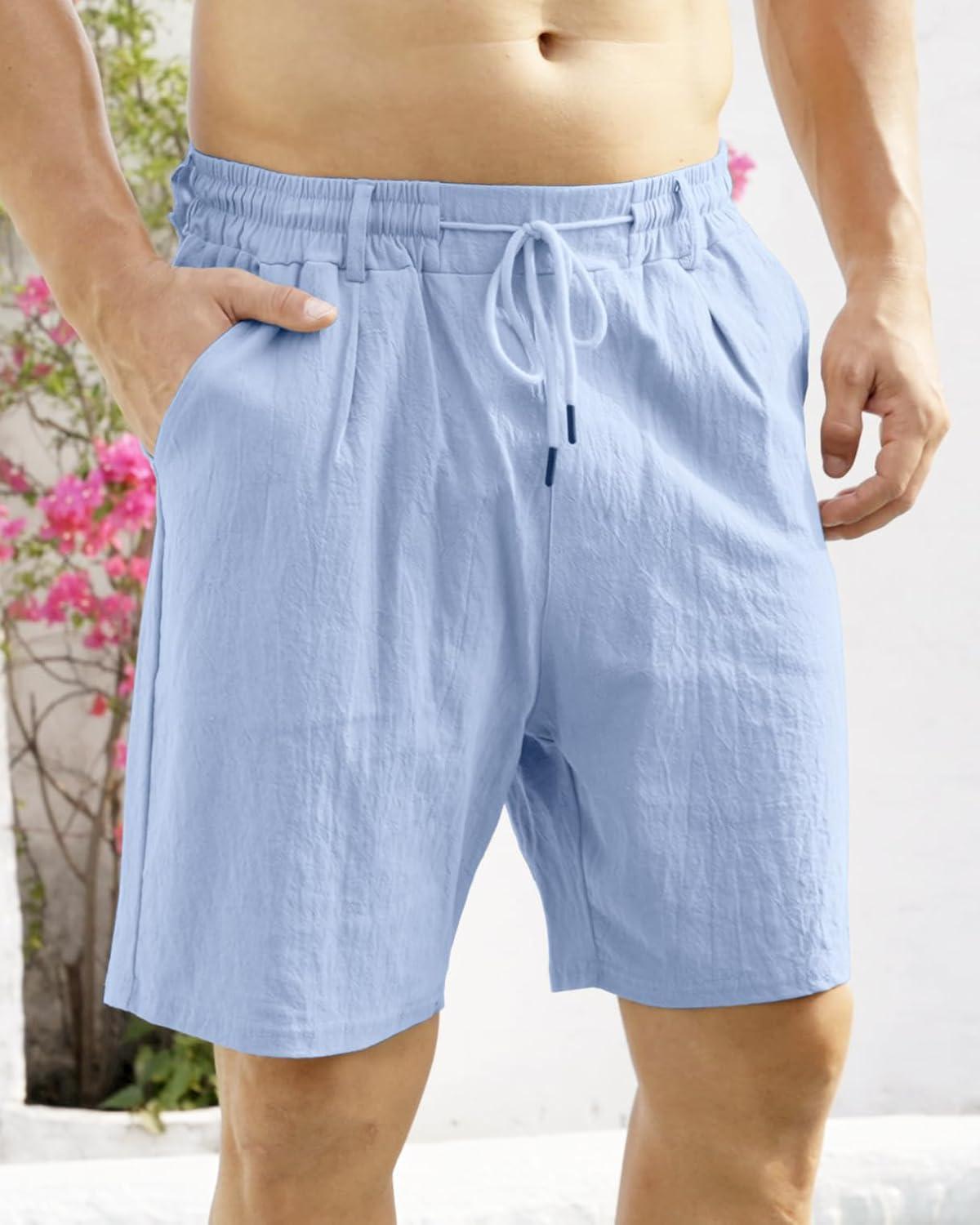 imageMens Linen Shorts Casual Elastic Waist Drawstring Lightweight Vacation Summer Beach Shorts with PocketsBlue
