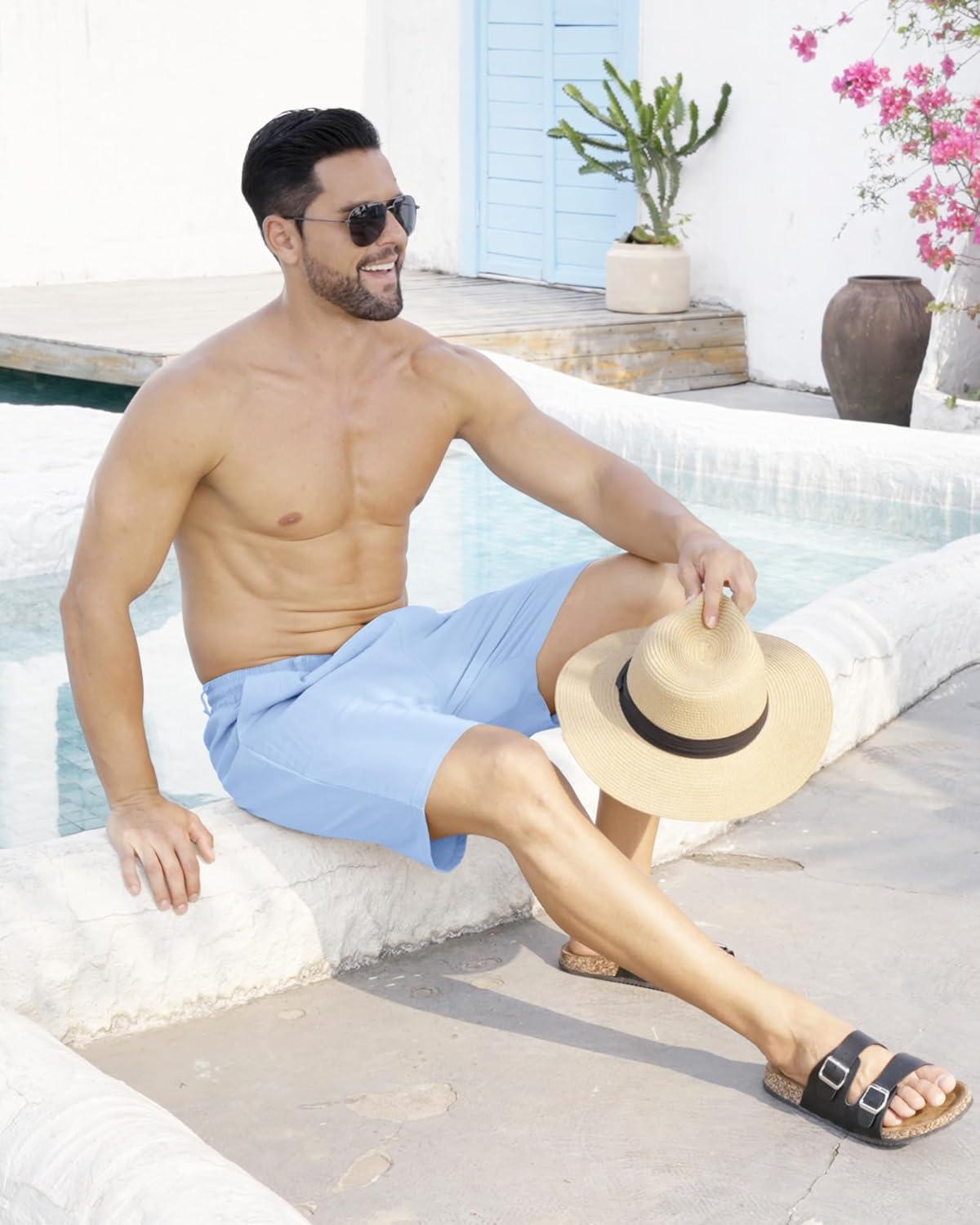 imageMens Linen Shorts Casual Elastic Waist Drawstring Lightweight Vacation Summer Beach Shorts with PocketsBlue