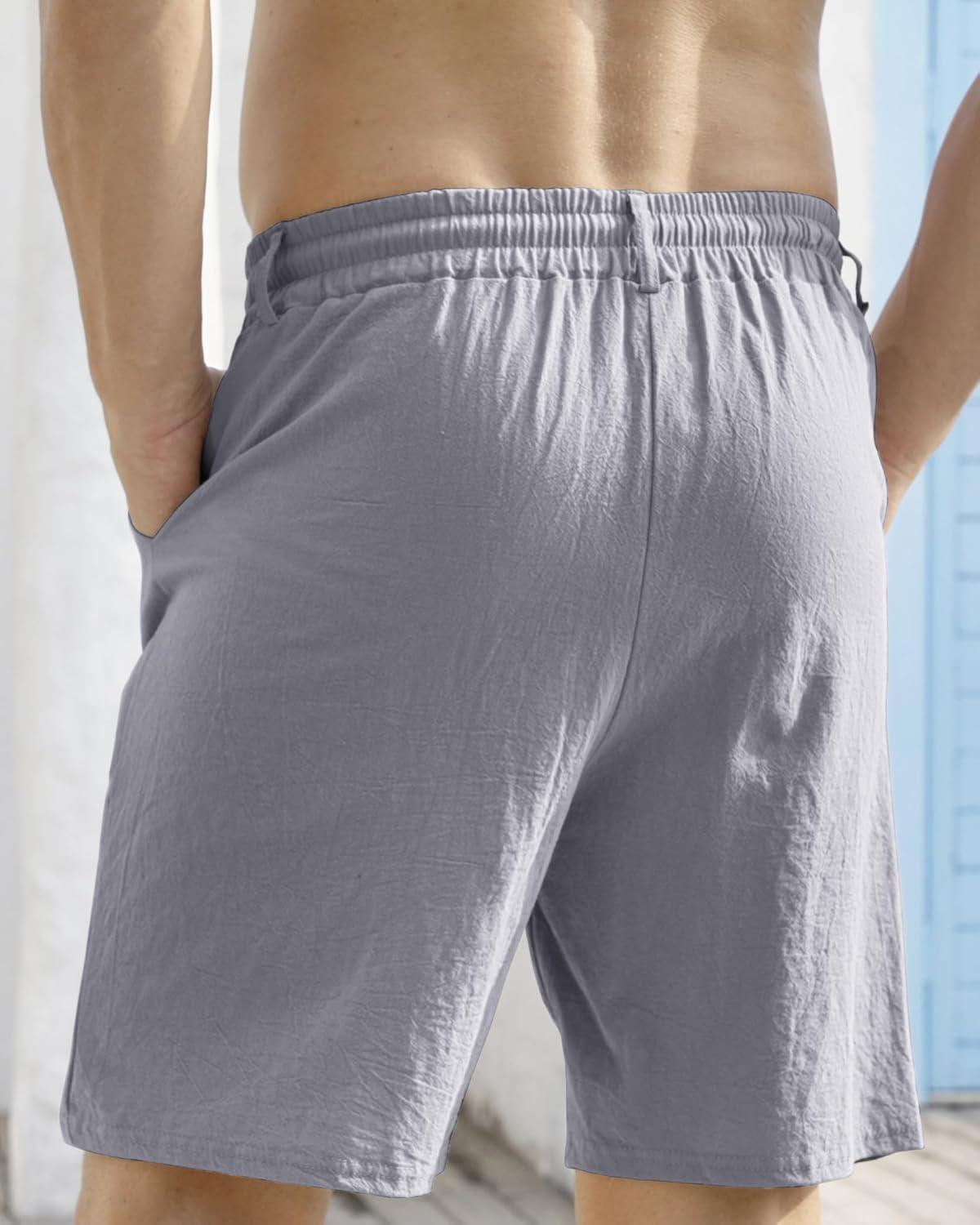 imageMens Linen Shorts Casual Elastic Waist Drawstring Lightweight Vacation Summer Beach Shorts with PocketsGrey