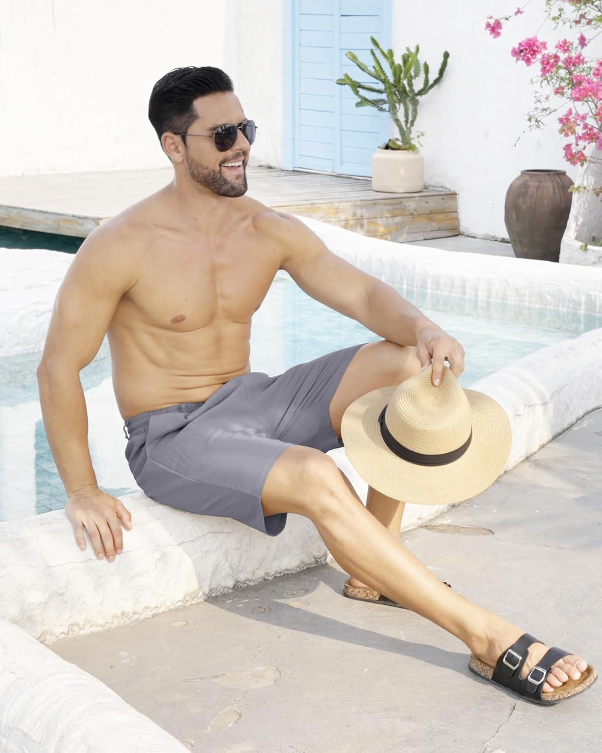 imageMens Linen Shorts Casual Elastic Waist Drawstring Lightweight Vacation Summer Beach Shorts with PocketsGrey