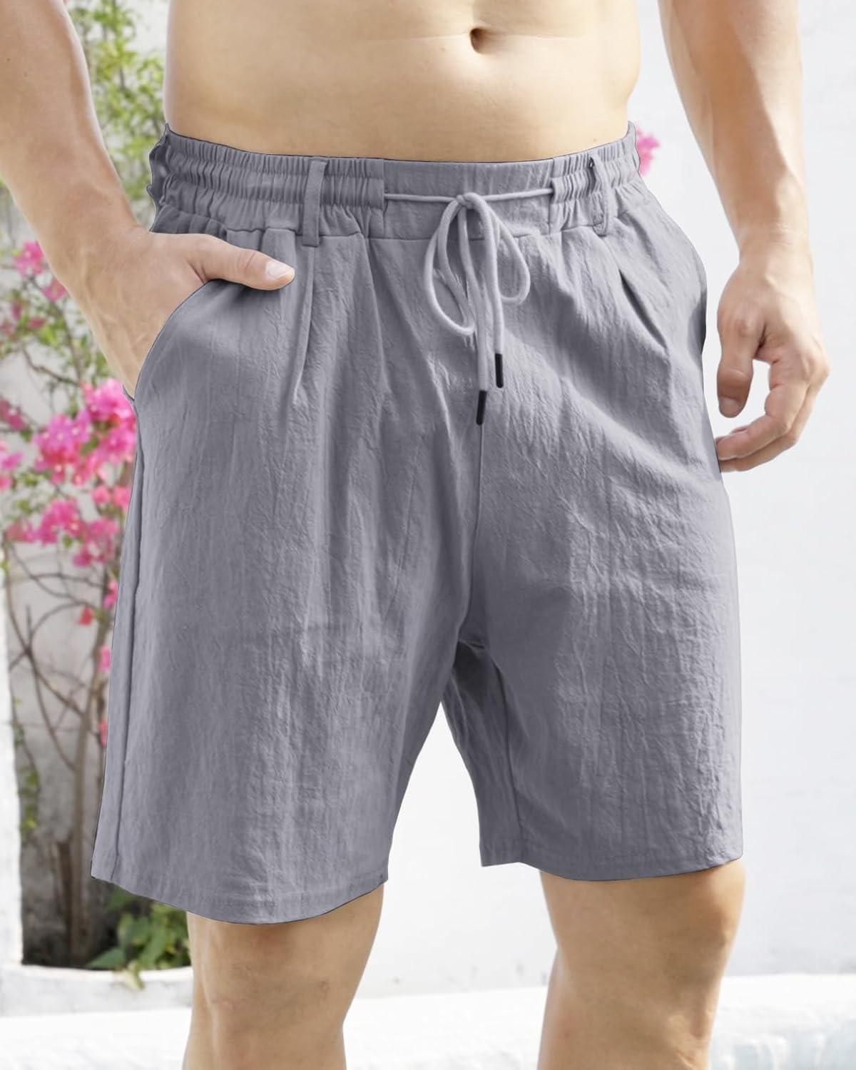 imageMens Linen Shorts Casual Elastic Waist Drawstring Lightweight Vacation Summer Beach Shorts with PocketsGrey