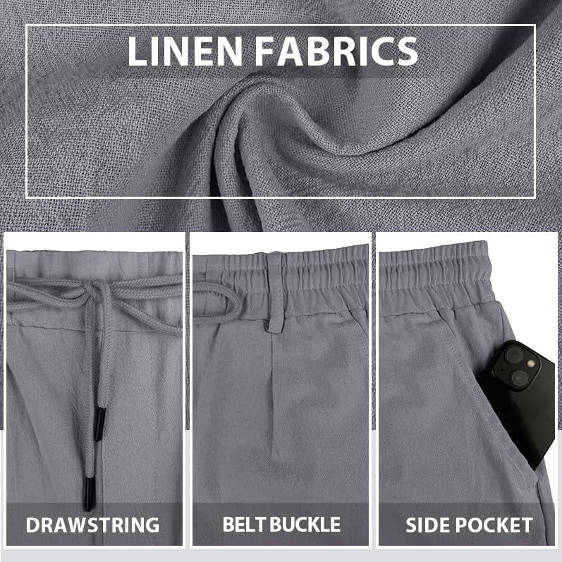 imageMens Linen Shorts Casual Elastic Waist Drawstring Lightweight Vacation Summer Beach Shorts with PocketsGrey