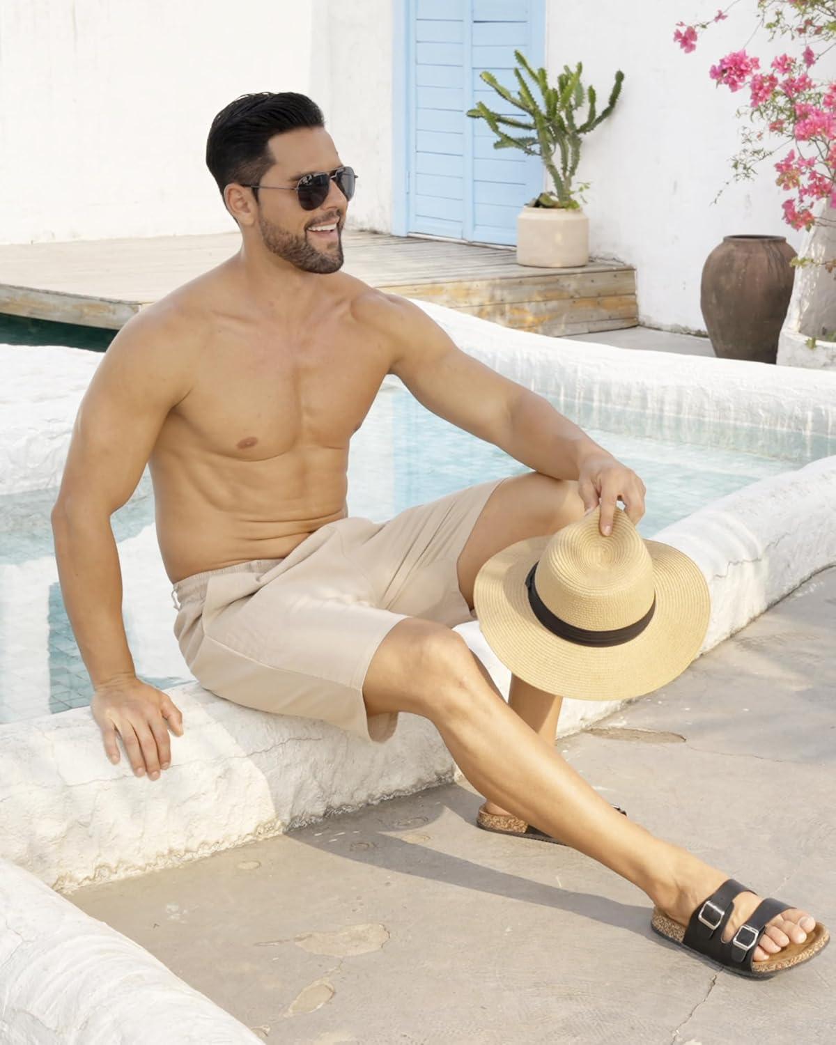 imageMens Linen Shorts Casual Elastic Waist Drawstring Lightweight Vacation Summer Beach Shorts with PocketsKhaki