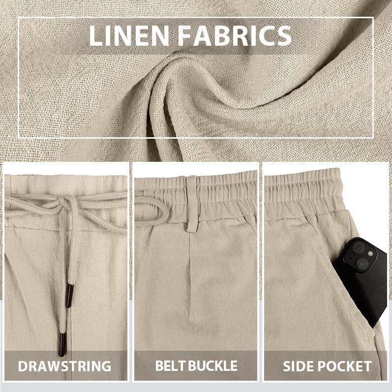 imageMens Linen Shorts Casual Elastic Waist Drawstring Lightweight Vacation Summer Beach Shorts with PocketsKhaki