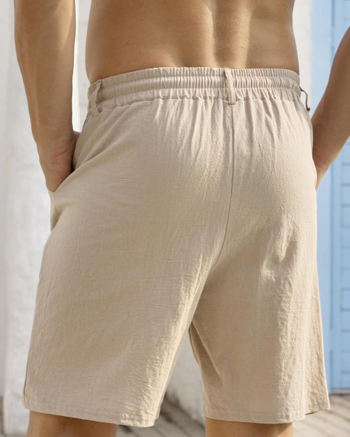 imageMens Linen Shorts Casual Elastic Waist Drawstring Lightweight Vacation Summer Beach Shorts with PocketsKhaki