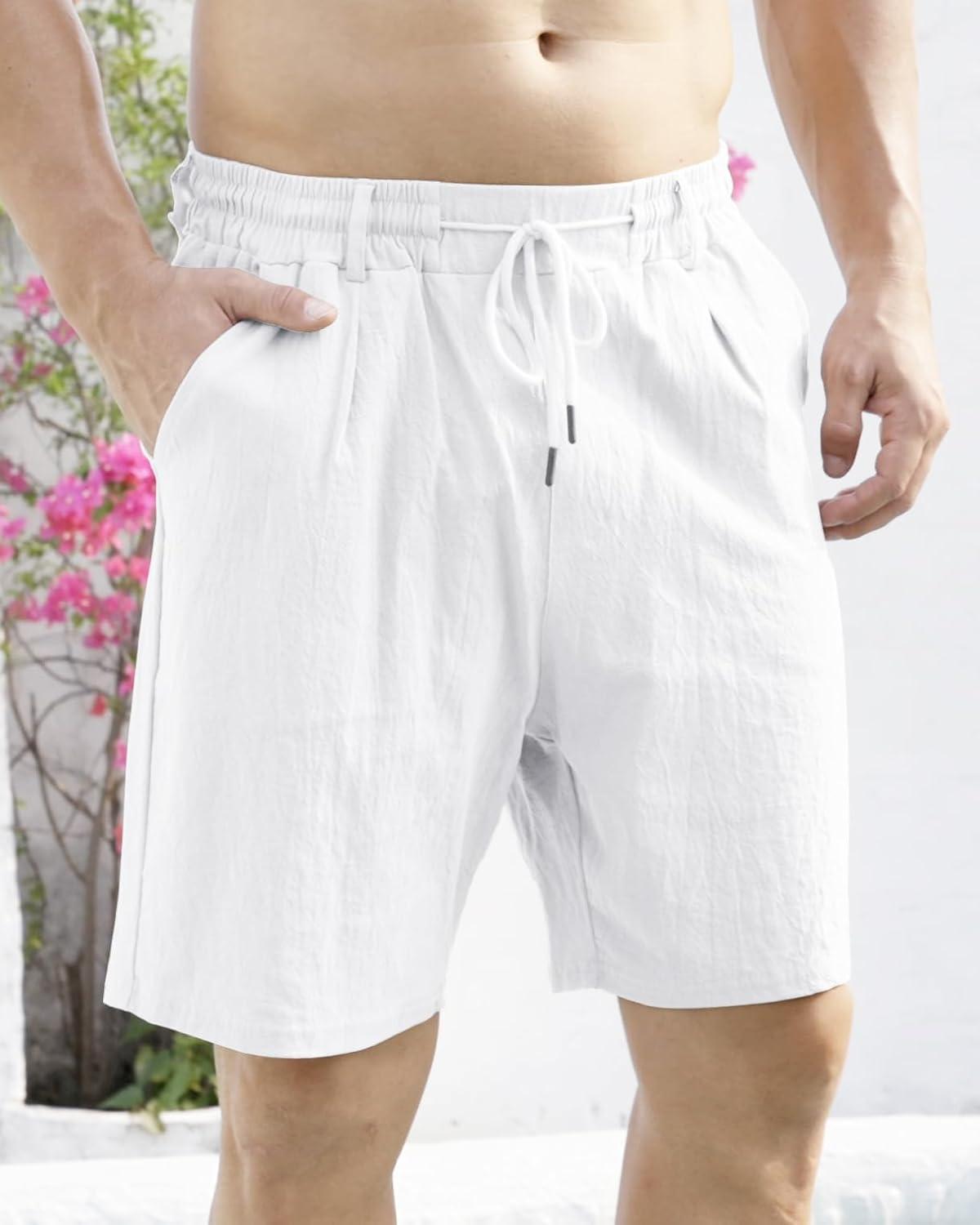 imageMens Linen Shorts Casual Elastic Waist Drawstring Lightweight Vacation Summer Beach Shorts with PocketsWhite
