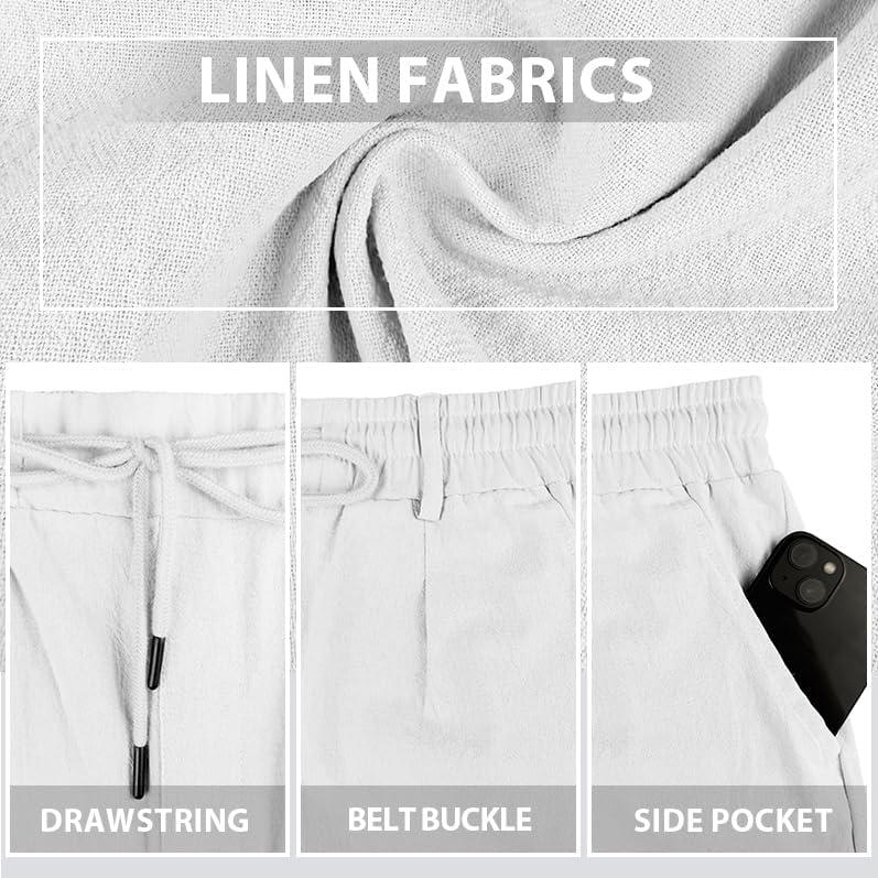 imageMens Linen Shorts Casual Elastic Waist Drawstring Lightweight Vacation Summer Beach Shorts with PocketsWhite