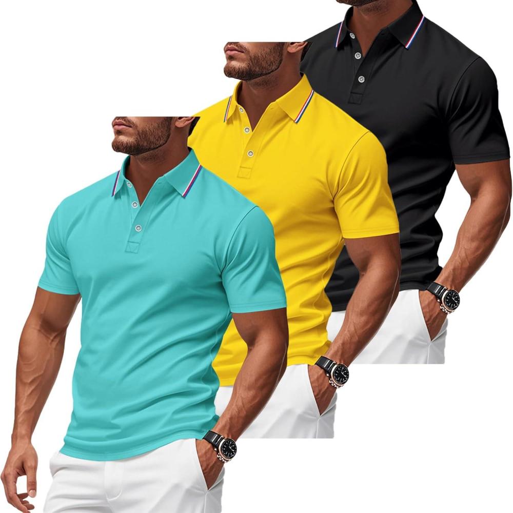 image3 Pack Mens Polo Shirts QuickDry Short Sleeve Athletic Polo Shirts Moisture Wicking Business Casual Golf Shirts02blackPeacock BlueYellow