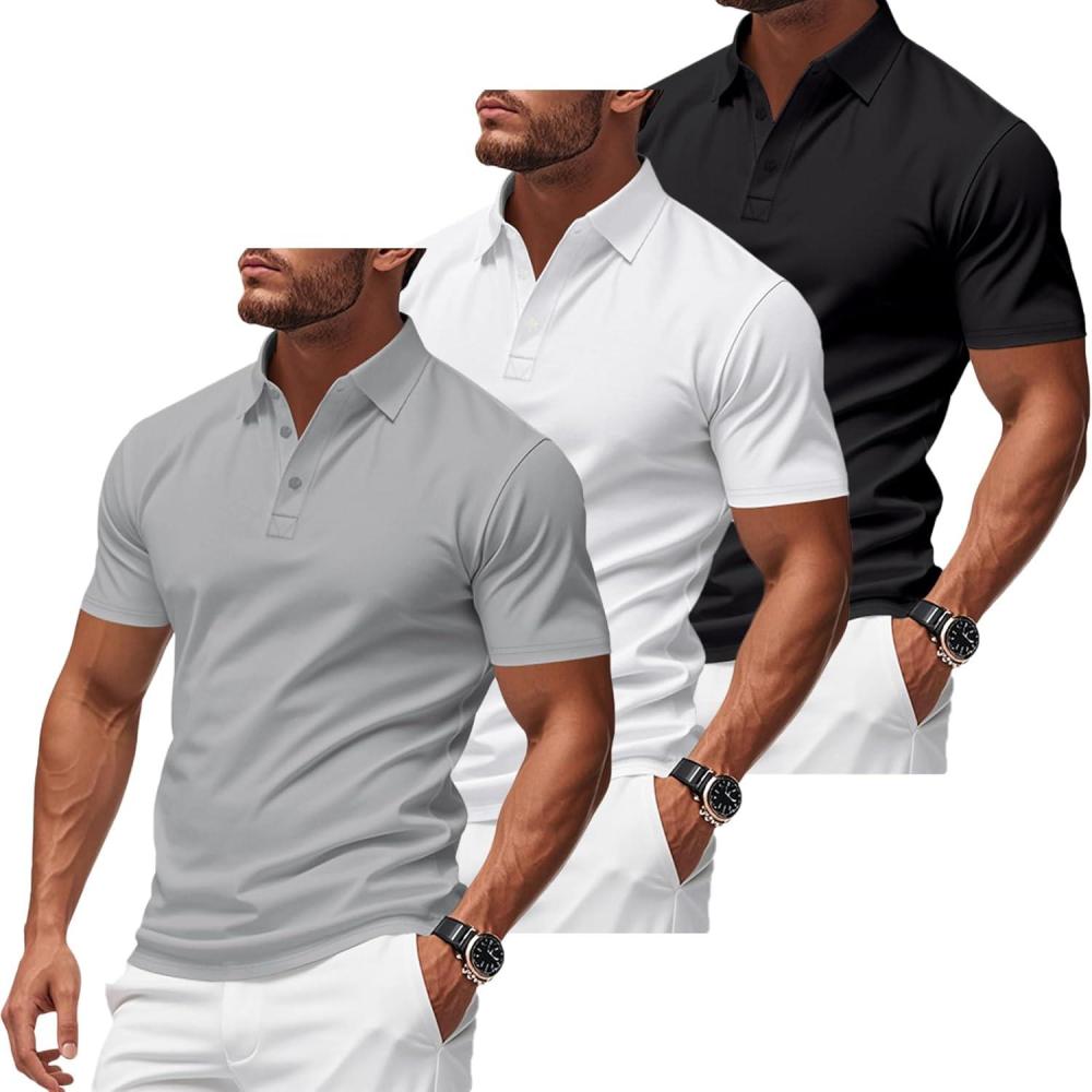 image3 Pack Mens Polo Shirts QuickDry Short Sleeve Athletic Polo Shirts Moisture Wicking Business Casual Golf ShirtsBlackWhiteGrey