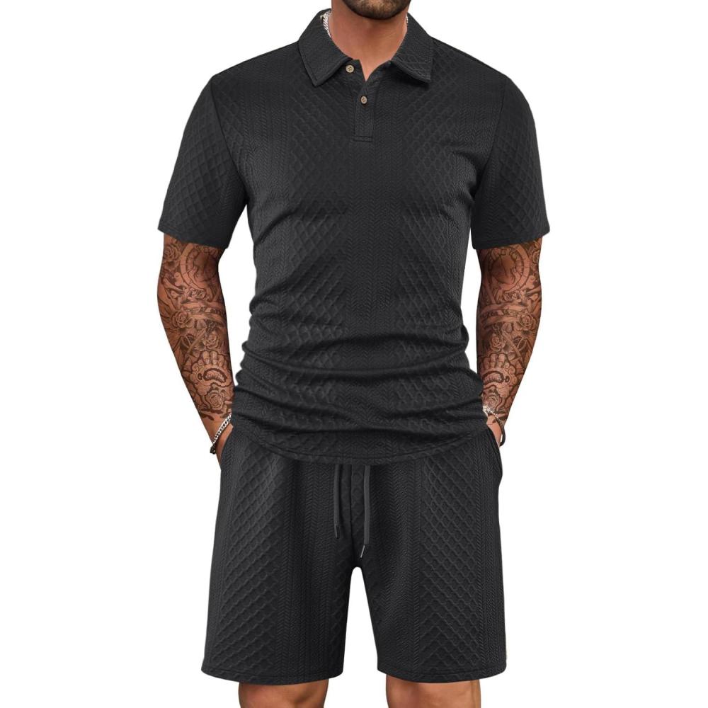 imageMens 2 Piece Outfits Polo Shirt and Shorts Set Short Sleeve Tracksuits Casual Athletic Jogging Summer OutfitsBlack