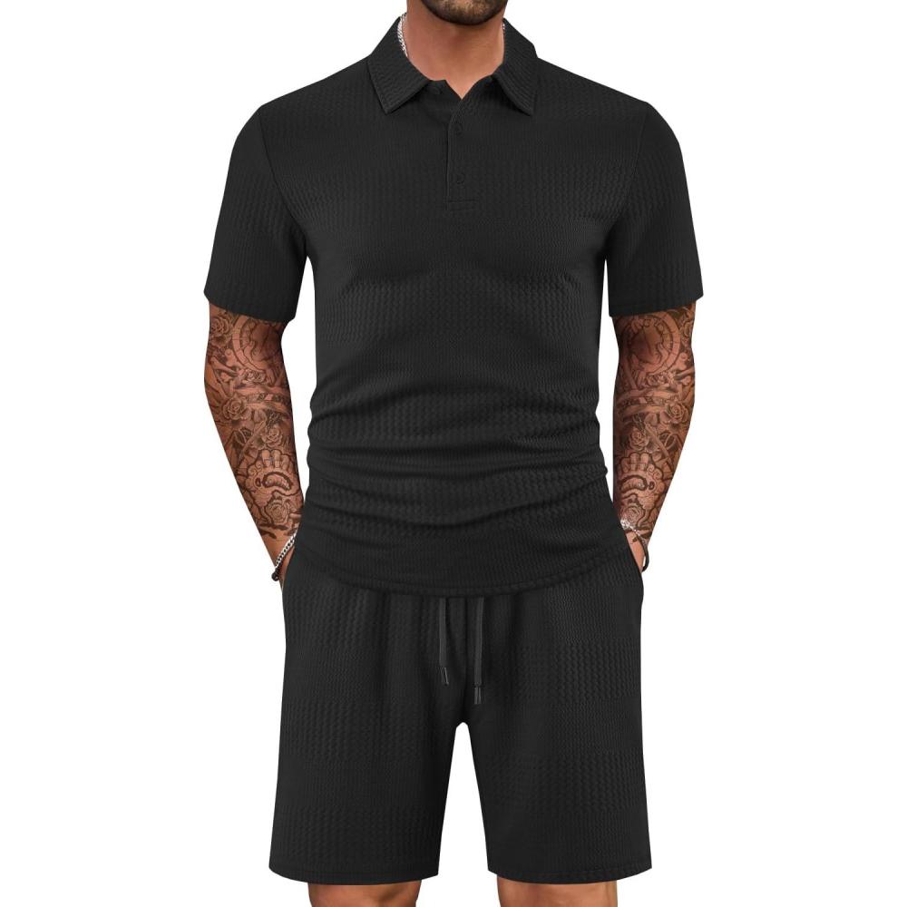 imageMens 2 Piece Outfits Polo Shirt and Shorts Set Short Sleeve Tracksuits Casual Athletic Jogging Summer OutfitsBlack2