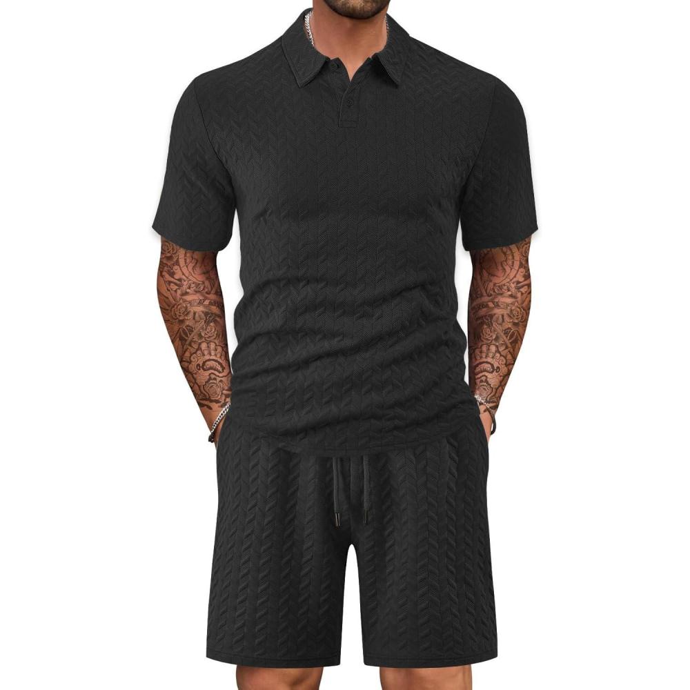 imageMens 2 Piece Outfits Polo Shirt and Shorts Set Short Sleeve Tracksuits Casual Athletic Jogging Summer OutfitsBlack3