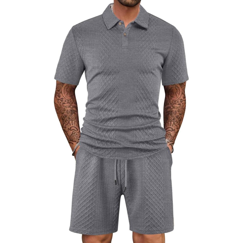 imageMens 2 Piece Outfits Polo Shirt and Shorts Set Short Sleeve Tracksuits Casual Athletic Jogging Summer OutfitsGrey