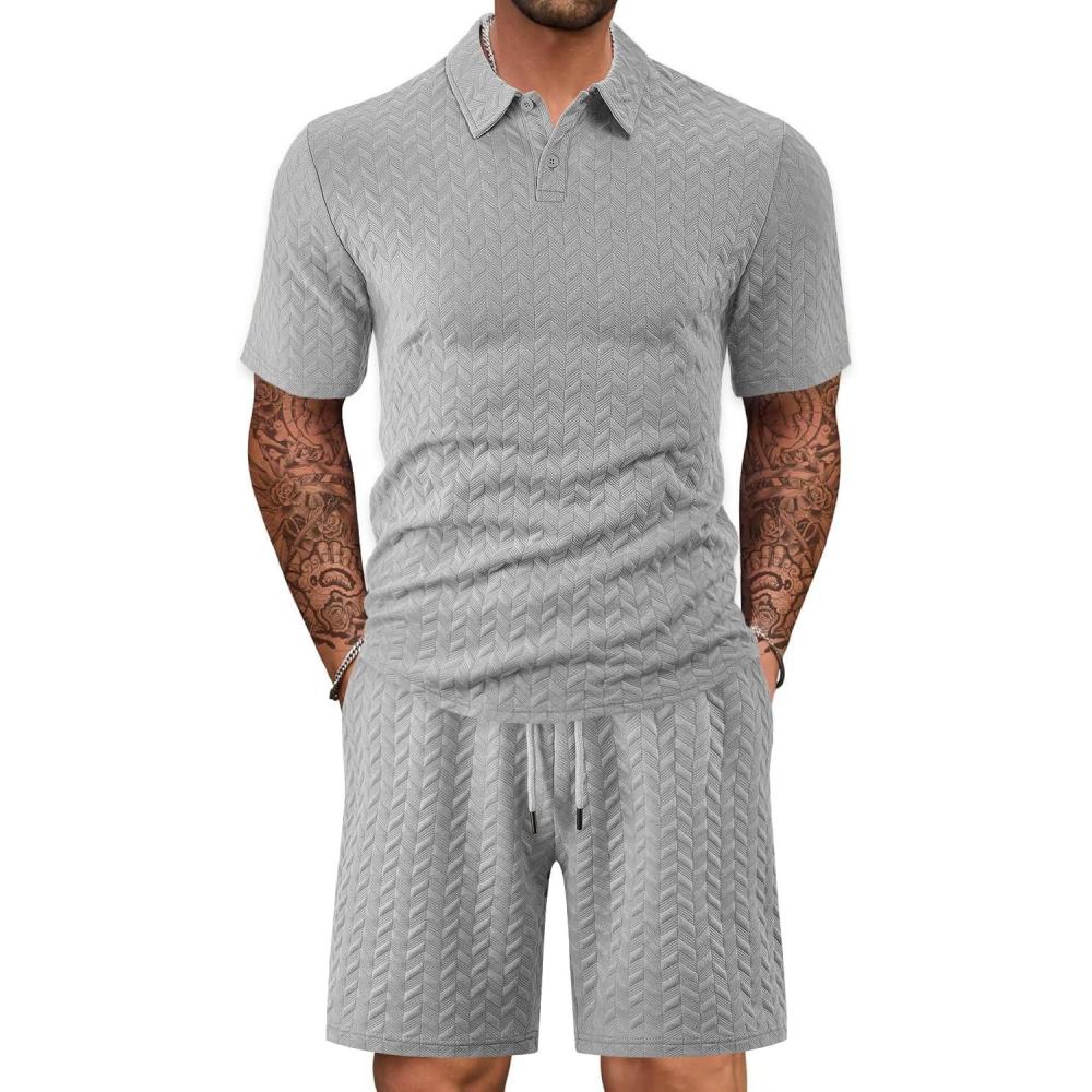 imageMens 2 Piece Outfits Polo Shirt and Shorts Set Short Sleeve Tracksuits Casual Athletic Jogging Summer OutfitsGrey1