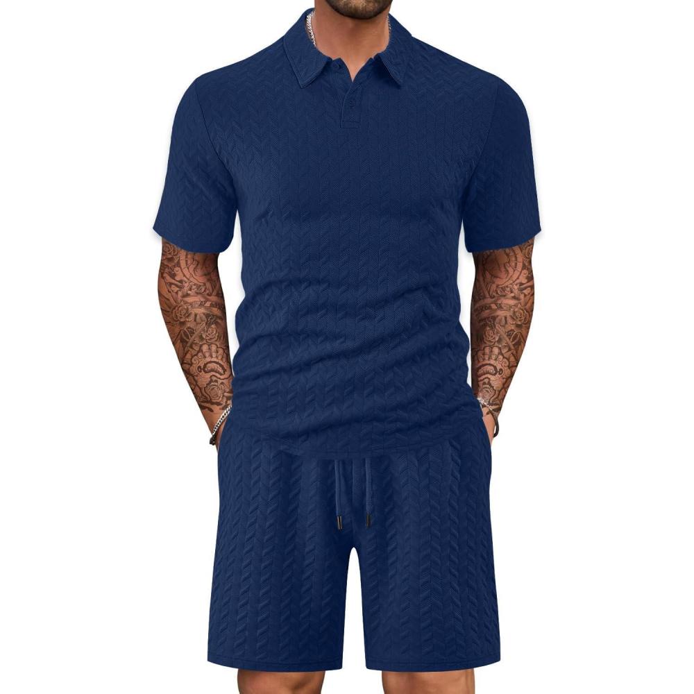 imageMens 2 Piece Outfits Polo Shirt and Shorts Set Short Sleeve Tracksuits Casual Athletic Jogging Summer OutfitsNavy2