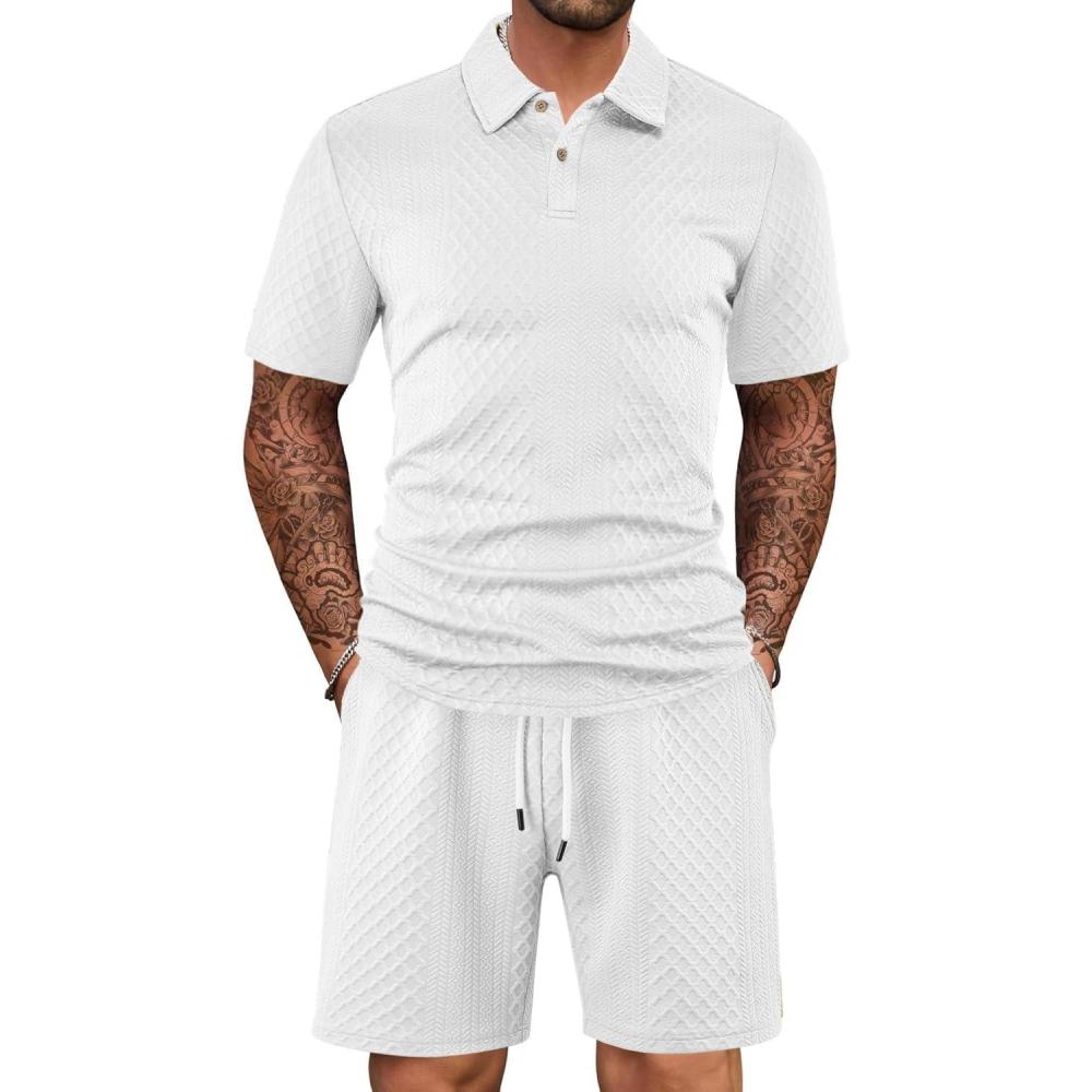 imageMens 2 Piece Outfits Polo Shirt and Shorts Set Short Sleeve Tracksuits Casual Athletic Jogging Summer OutfitsWhite
