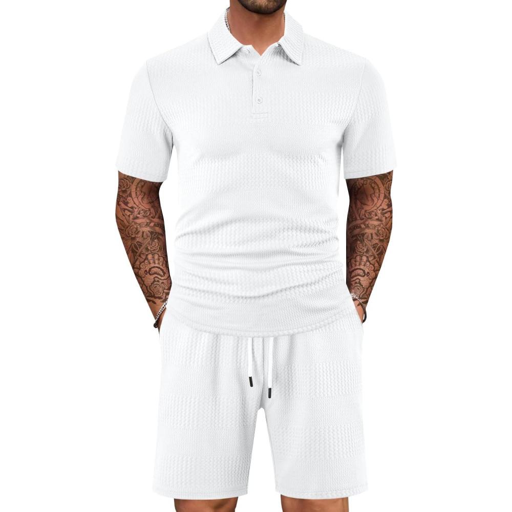 imageMens 2 Piece Outfits Polo Shirt and Shorts Set Short Sleeve Tracksuits Casual Athletic Jogging Summer OutfitsWhite1