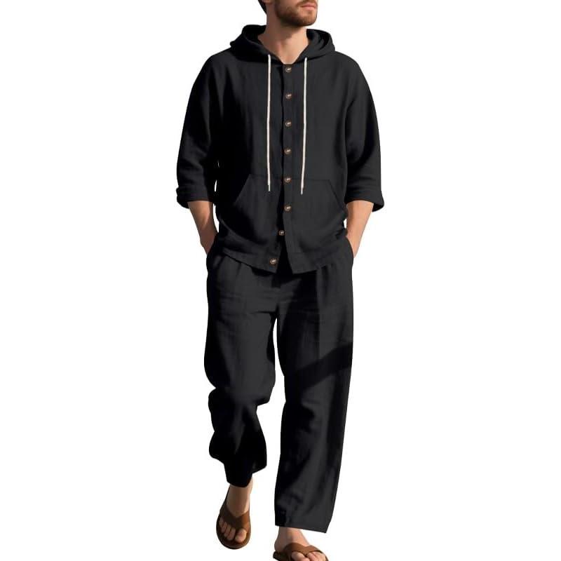 imageMens 2 Pieces Cotton Linen Set Casual Long Sleeve Henley Shirts Beach Yoga Pants Summer OutfitsBlack