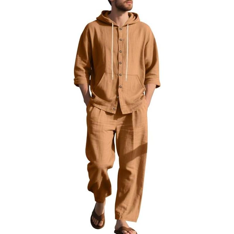 imageMens 2 Pieces Cotton Linen Set Casual Long Sleeve Henley Shirts Beach Yoga Pants Summer OutfitsEarthy Yellow