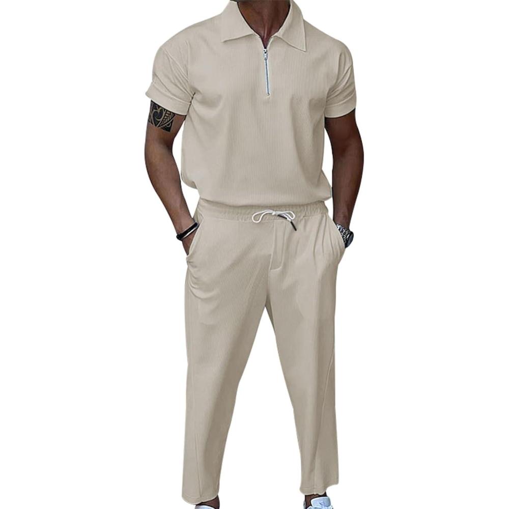 imageMens 2 Pieces Outfit Sets Casual Short Sleeve Quarter Zip Collar Shirt and Drawstring Pants with Pockets Track Suit