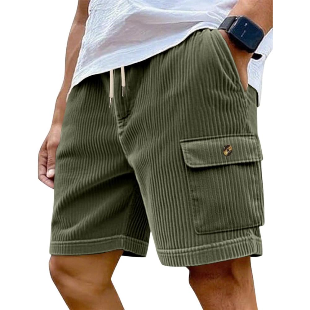 imageMens Cargo Shorts Casual Drawstring Elastic Waist Corduroy Summer Beach Shorts with PocketsArmy Green