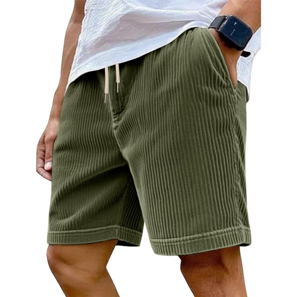 imageMens Cargo Shorts Casual Drawstring Elastic Waist Corduroy Summer Beach Shorts with PocketsArmy Green1