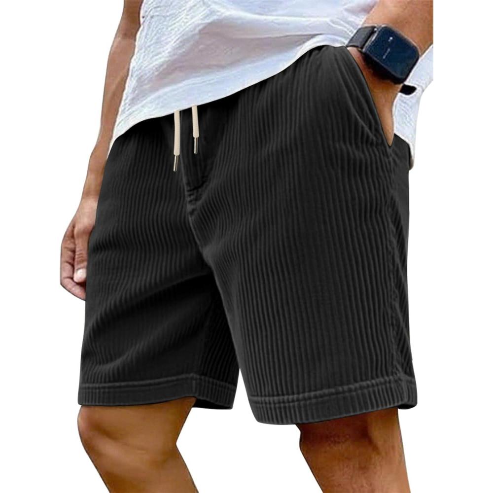 imageMens Cargo Shorts Casual Drawstring Elastic Waist Corduroy Summer Beach Shorts with PocketsBlack1