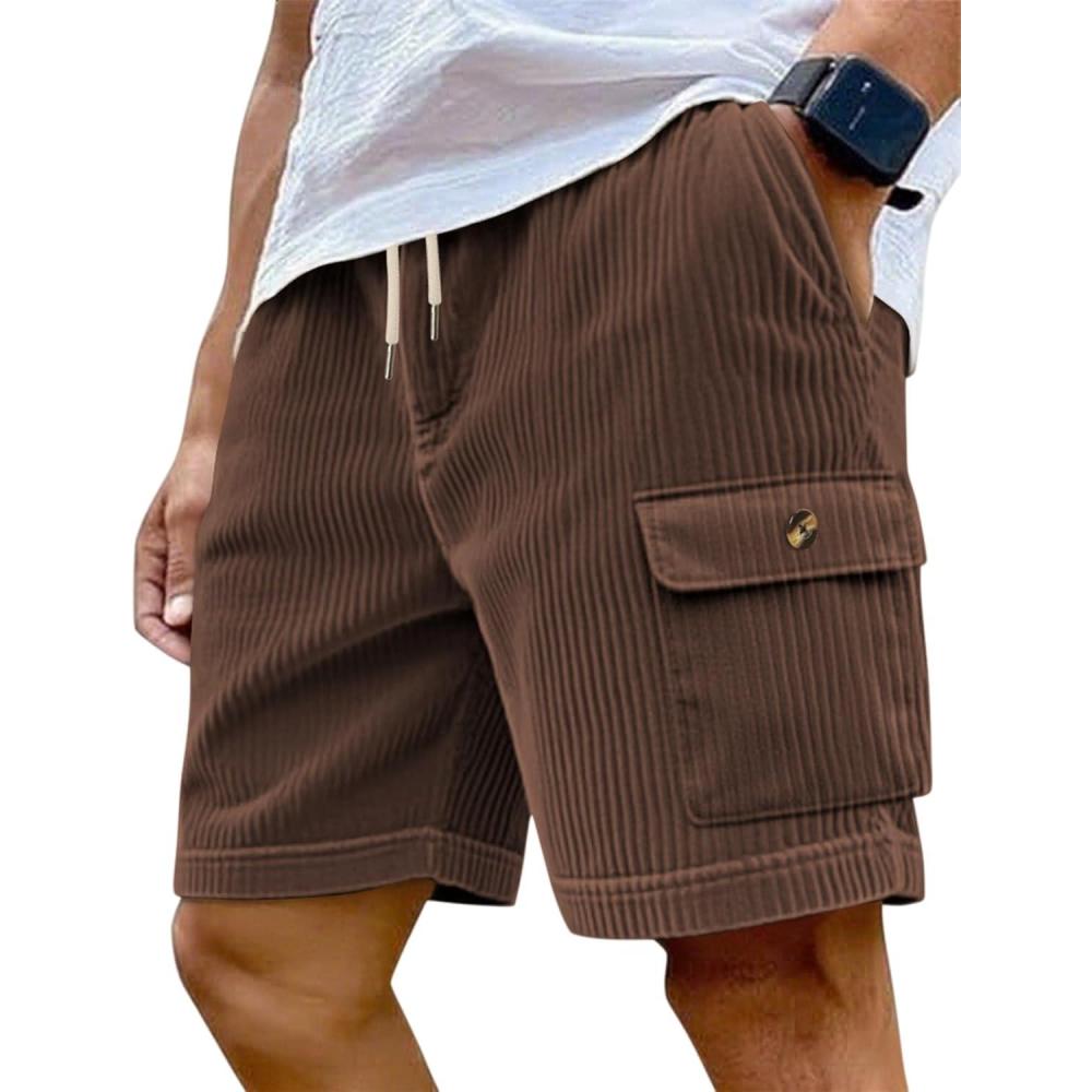 imageMens Cargo Shorts Casual Drawstring Elastic Waist Corduroy Summer Beach Shorts with PocketsBrown