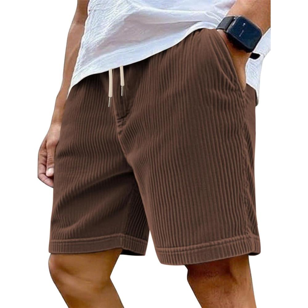 imageMens Cargo Shorts Casual Drawstring Elastic Waist Corduroy Summer Beach Shorts with PocketsBrown1