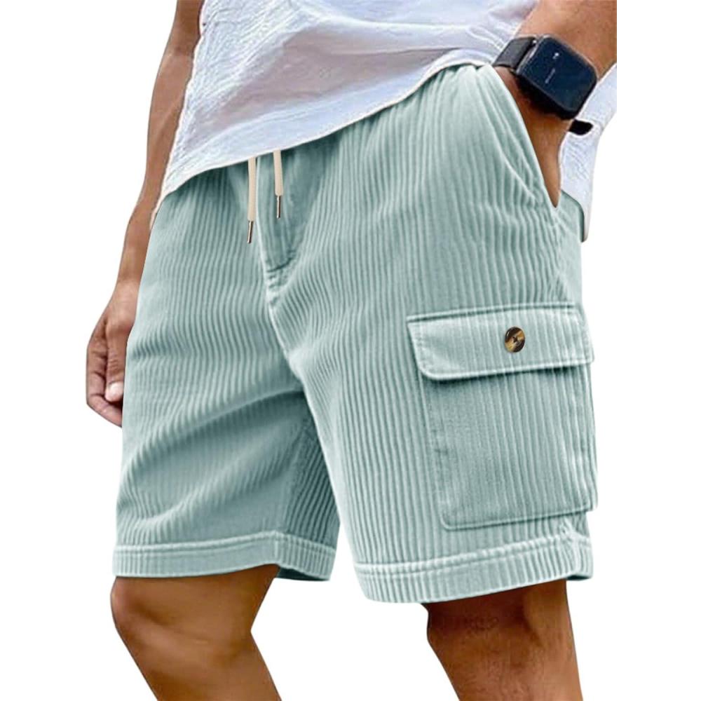 imageMens Cargo Shorts Casual Drawstring Elastic Waist Corduroy Summer Beach Shorts with PocketsLight Blue