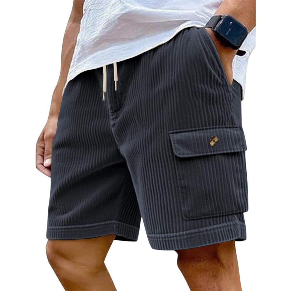 imageMens Cargo Shorts Casual Drawstring Elastic Waist Corduroy Summer Beach Shorts with PocketsNavy Blue
