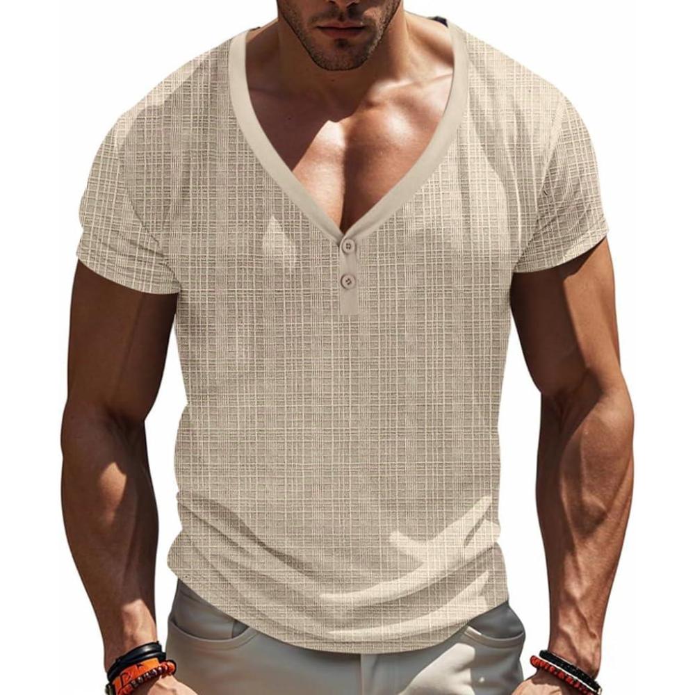 imageMens Casual Deep VNeck TShirts Henley Shirt Dry Fit Short Sleeve Mens Casual Waffle Textural Summer TShirtKhaki