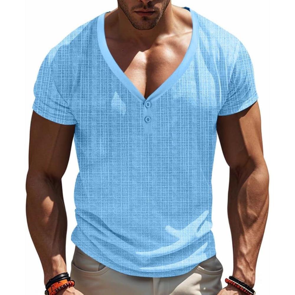 imageMens Casual Deep VNeck TShirts Henley Shirt Dry Fit Short Sleeve Mens Casual Waffle Textural Summer TShirtSky Blue
