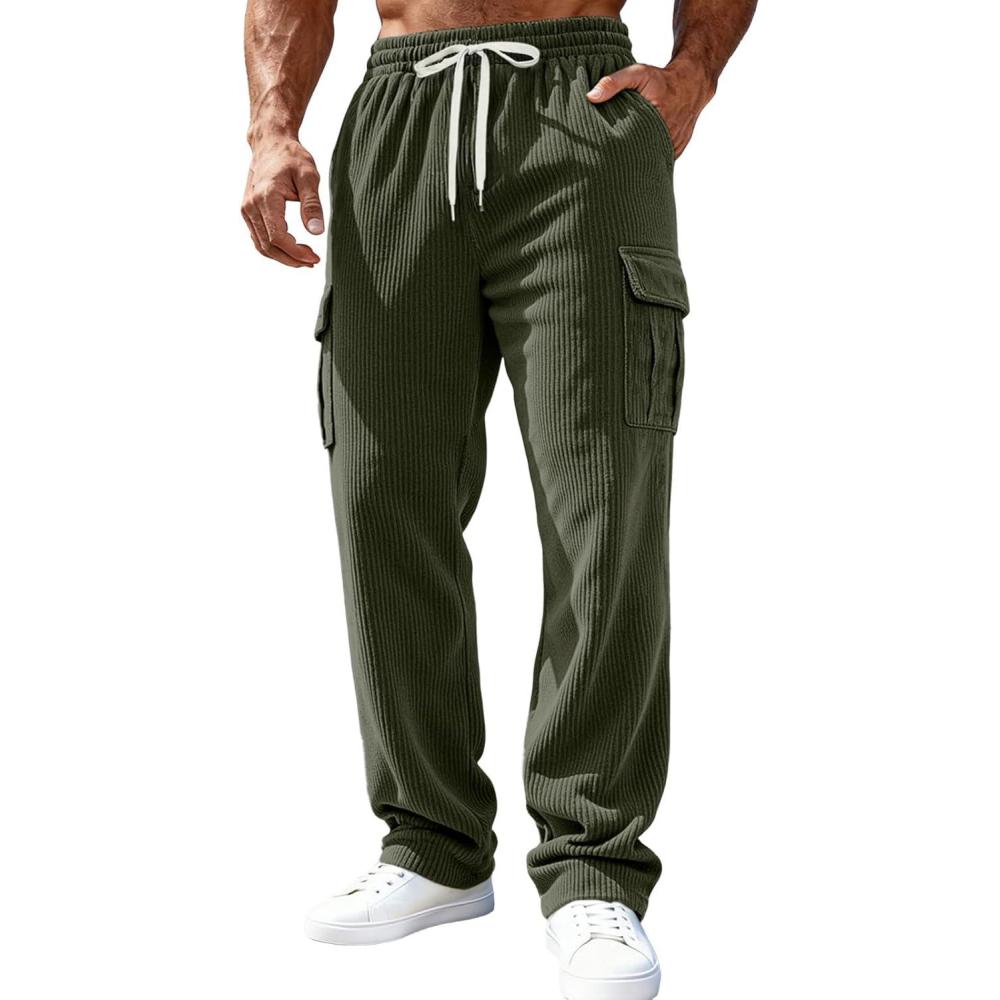 imageMens Corduroy Pants Casual Cargo Pants Elastic Drawstring Waist Sweatpants with Multi PocketsArmy Green