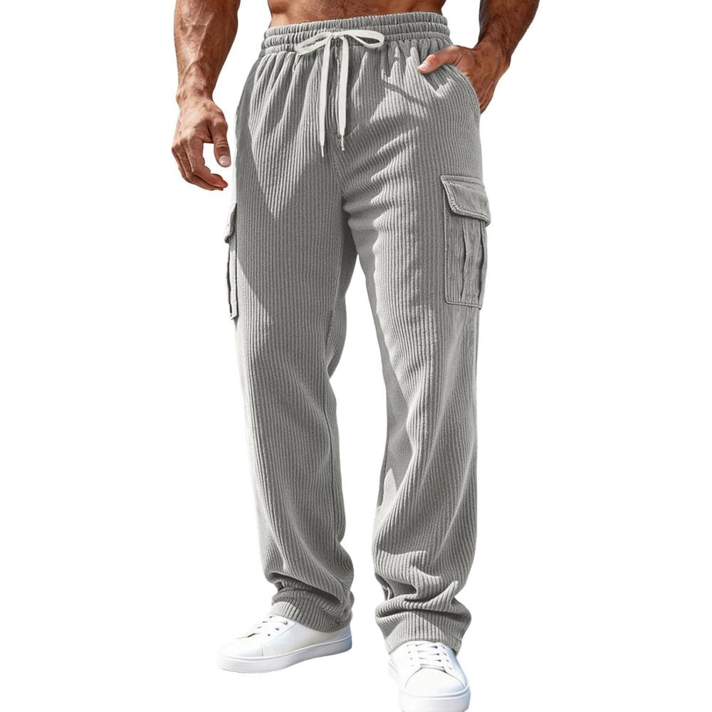imageMens Corduroy Pants Casual Cargo Pants Elastic Drawstring Waist Sweatpants with Multi PocketsGrey