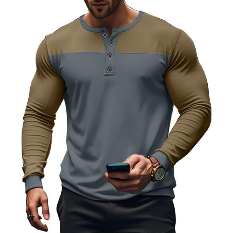 imageMens Henley Shirts Colorblock Long Sleeve Henley Collar TShirt Lightweight Button Pullover ShirtBlue