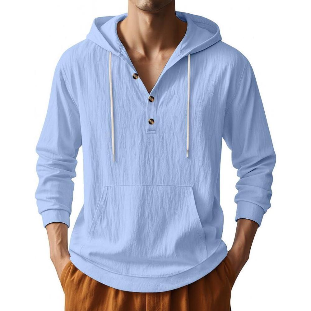 imageMens Linen Hoodie Lightweight Hawaiian Shirt Casual Beach Shirt with PocketsLight Blue