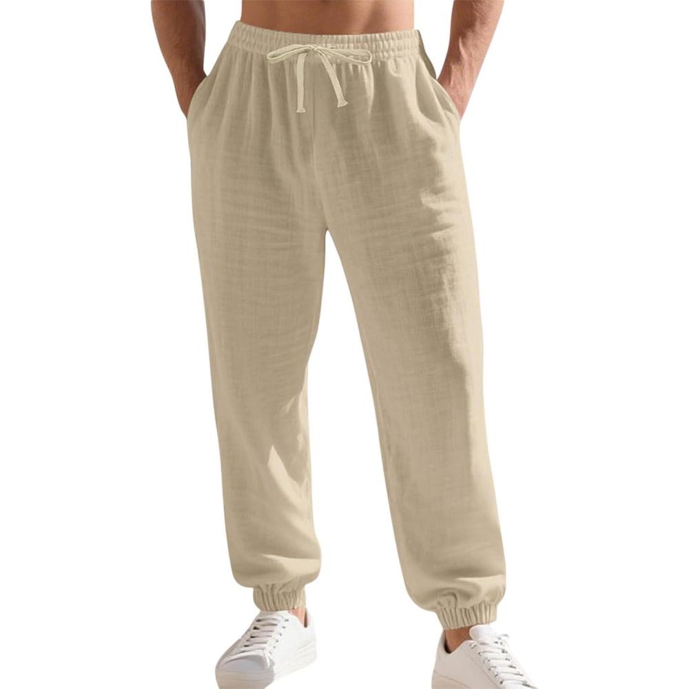 imageMens Linen Joggers Summer Beach Lightweight Drawstring Yoga Pants with Pockets ampamp Elastic CuffsKhaki