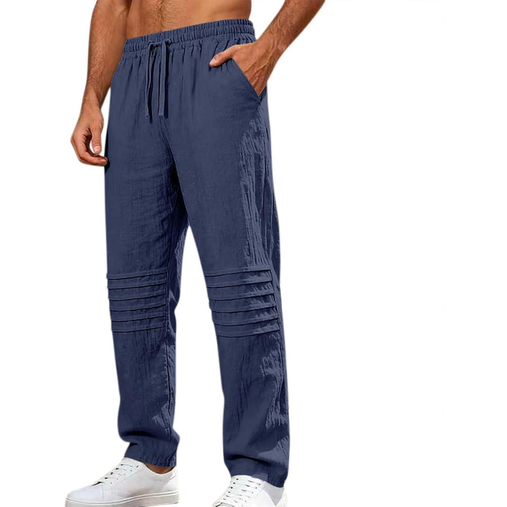 imageMens Linen Pants Casual Beach Pants for Men Elastic Waist Drawstring Yoga Trousers with PocketsNavy