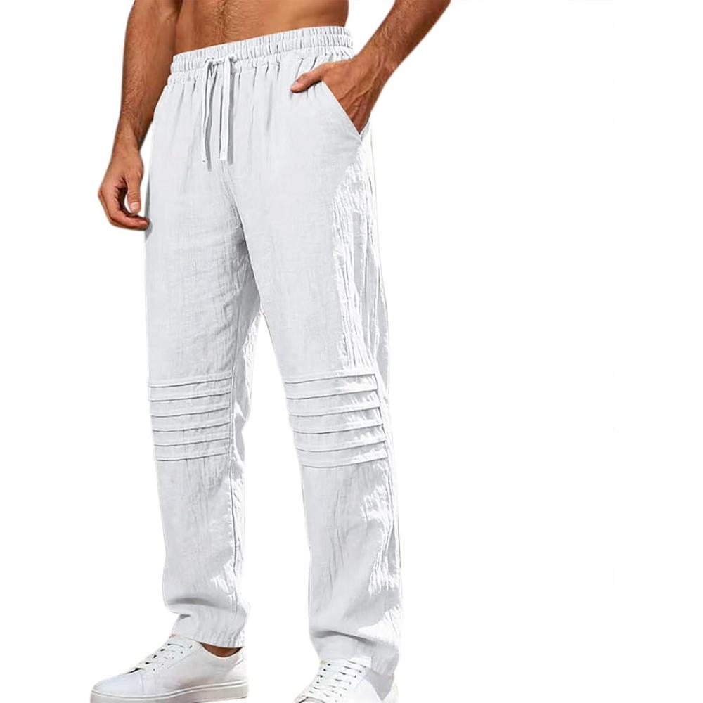imageMens Linen Pants Casual Beach Pants for Men Elastic Waist Drawstring Yoga Trousers with PocketsWhite